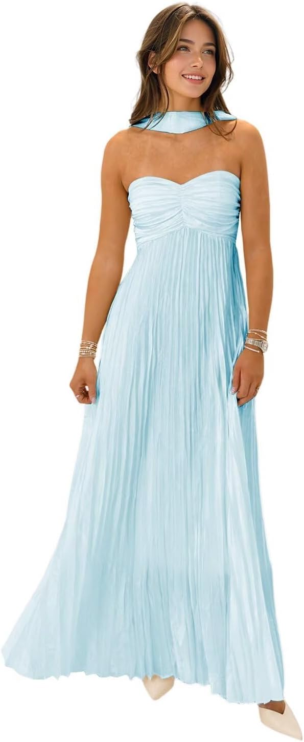 Strapless Bridesmaid Dresses for Women with Scarf 2025 Pleated Long Chiffon Formal Wedding Guest Dress Flowy Evening Gown