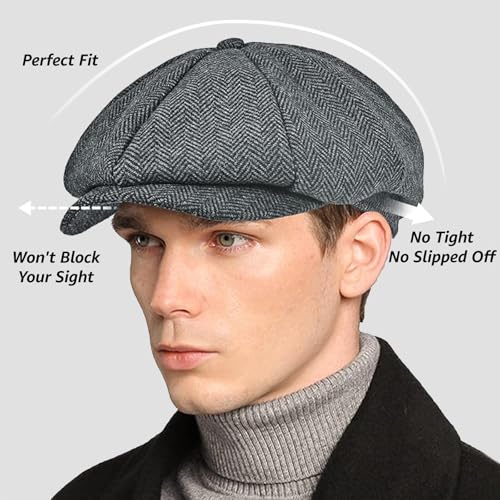 Image of Mens Newsboy Cap High Woolen Tweed Gatsby Hat Ivy Cabbie Flat Golf Cap for Fathers Women Unisex