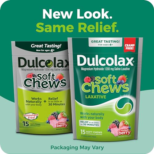 Image of Dulcolax Saline Laxative Soft Chews, Gentle Constipation Relief, Mixed Berry Flavor, Magnesium Hydroxide 1200 mg, 15 Count