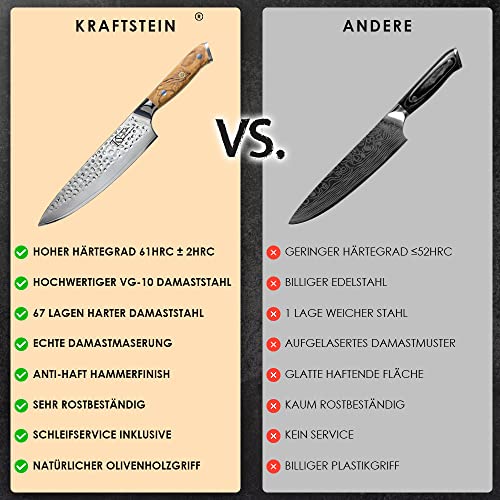 Foto von KRAFTSTEIN Damastmesser Profi Kochmesser I Asiatisches Küchenmesser echter Damaststahl I Santoku Allzweckmesser I 34cm mit ergonomischem Griff I Premium Chefmesser (Olivenholz)
