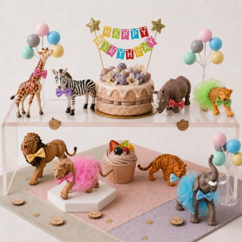 22 Pcs Safari Animal Cake Toppers Set, Jungle Animal Cake Decorations with Figurines, Bowties, Mini Tutu Skirts, Banner & Balloon Picks for Cake Table Decor