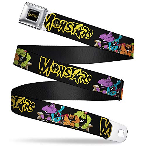 Looney Tunes Belt, Seatbelt Buckle Belt, Space Jam Monstars Logo Character Group Pose Black Yellow, 32 to 52 Inches