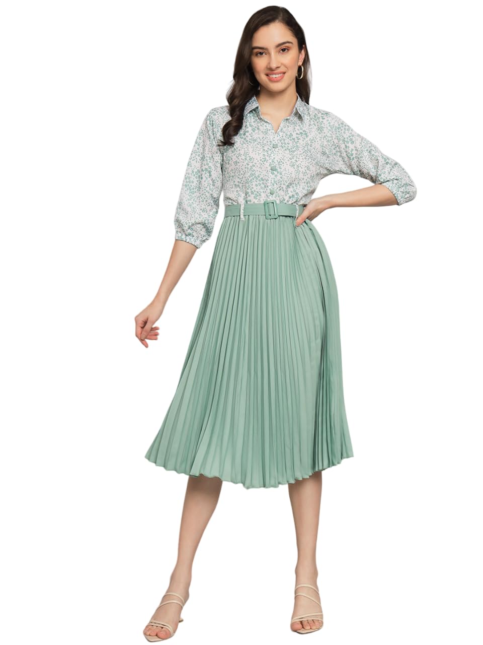 Kzully Women's Print 3/4 Sleeve Pleated Midi Dress With Belt Pista