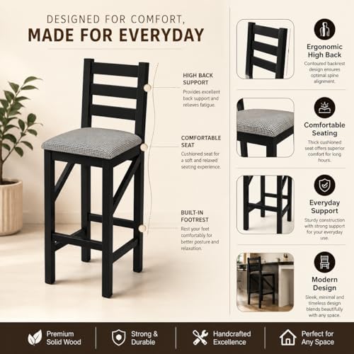 Image of OGESTA Solid Sheesham Wood Bar Stool Chair for Kitchen Island & Bar Counter | High Back Wooden Counter Chair | Dining Counter Stool | Breakfast Bar Chair | 105Cm Height | Set of 1