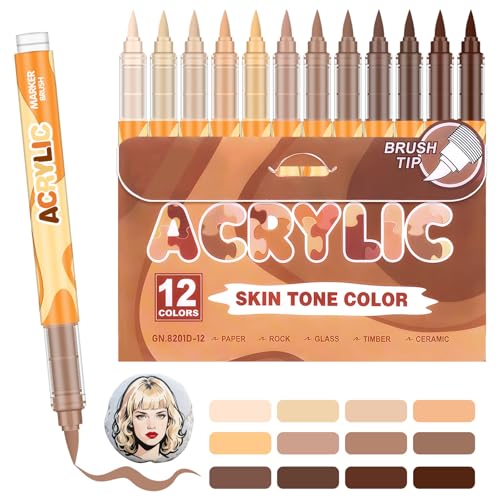 12 Acrylverfpennen in Huidtinten - Markerset voor Rotsschilderen, Keramiek, Glas, Steen en Metaal – Waterbasis Acrylverf met Flexibele Penseelpunt (1-5 mm)
