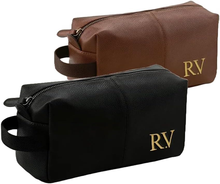 Personalised Embroidered Men's Leather Wash Bag with Strap, Black or Brown, Leather Toiletry Bag