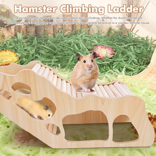 PRITOK Wooden Hamster Tunnel: Hamster Hideout House with Climbing Ladder - Multi-Entrance Maze Design & Peep Holes for Syrian Dwarf Hamsters, Gerbils, Mice, 32cm Small Animal Habitat Decor - Image 3