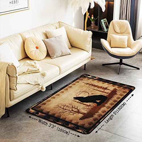 Loussiesd Cute Wolf Area Rug Girls Boys Wolves Howling Decorative Carpet Room Animal Wolves Tree Pattern Rugs for Living Room Bedroom Exotic Style Brown Black Accent Rug 100 * 150cm - Image 3