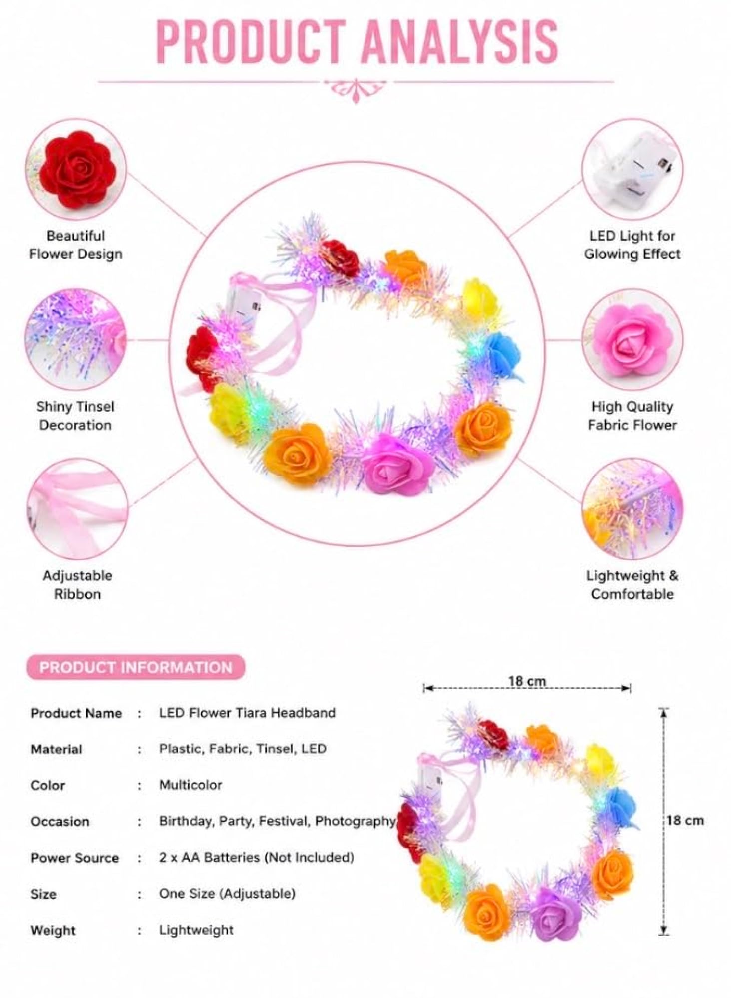 LED Flower Tiara Crown Headband, Multicolor Lighting Modes