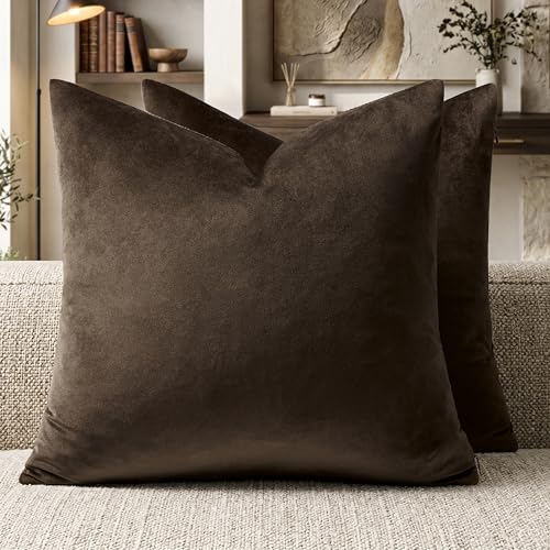 GIGIZAZA Brown Velvet Pillow Covers 18x18,Square Solid Throw Pillow Covers Decorative Modern Pillows Small Vintage Cases for Couch Pack of 2