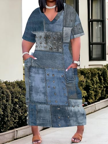 Image of SUZONANA Plus Size Denim Print Maxi Dresses for Women Casual V Neck Short Sleeve with Pockets Soft Jean Look Dress XL-6XL