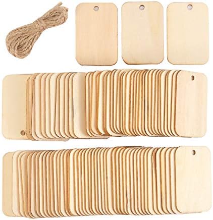 Berolle 100 Pieces Wooden Rectangle Craft Shape Tag Wooden Embellishment Tag with Hole DIY Square Wooden Blank Tags for Craft Projects, Hanging Decorations, Painting, Staining (52mm x 34mm)