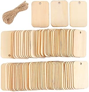 Berolle 100 Pieces Wooden Rectangle Craft Shape Tag Wooden Embellishment Tag with Hole DIY Square Wooden Blank Tags for Craft Projects, Hanging Decorations, Painting, Staining (52mm x 34mm)