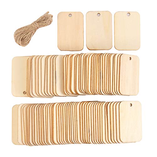 Berolle 100 Pieces Wooden Rectangle Craft Shape Tag Wooden Embellishment Tag with Hole DIY Square Wooden Blank Tags for Craft Projects, Hanging Decorations, Painting, Staining (52mm x 34mm)