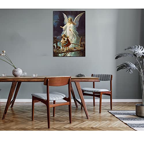 Wall Art Guardian Angel Protecting Children On Bridge Canvas Art Wall Decor Vintage Religious Picture Posters Print Painting For Bedroom Decoration Poster With Frame Ready To Hang(14''Wx20''H) #TOP1