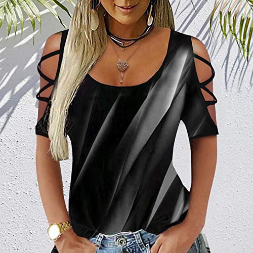 T-shirt voor dames, korte mouwen, schoudervrij, T-shirts, ronde hals, bedrukt, elegant, casual fit, shirt, hemd, tuniek… - Afbeelding 3