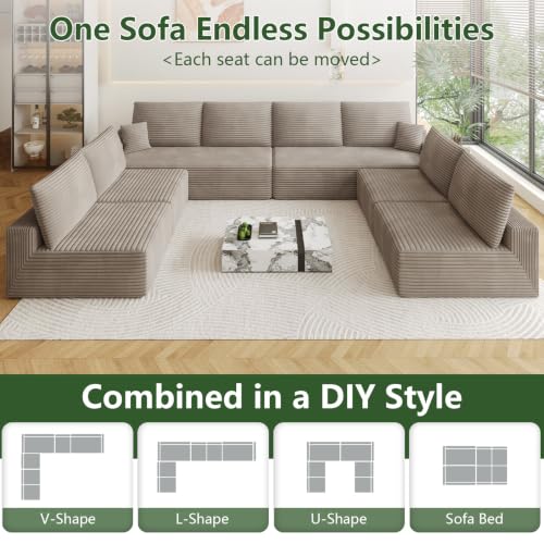 Image of Oversized Modular Sectional Sofa Couch, Large 8 Seater Corner Sofa Modern U Shaped Sectional Couch Cloud Couches for Living Room, Office, Spacious Space, Corduroy, No Assembly Required, Camel