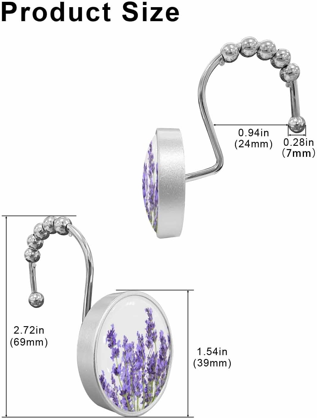Lavender Flower Shower Curtain Hooks Set of 12 Purple Lavender Floral Pattern Crystal Glass Shower Curtain Rings for Bathroom Decorative Stainless Steel Rust Proof Roller Shower Curtain Hangers