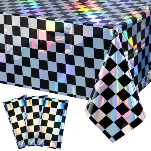 Image of 3Pack Black and Iridescent Checkered Plastic Tablecloth, Shiny Disposable Laser Rectangle Table Covers, Holographic Foil Tablecloth Iridescent Party Decorations for Picnic Camping Race Car, 54x108Inch