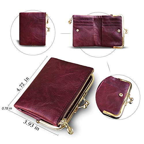 Image of AOXONEL Womens Wallet Small Rfid Ladies Compact Bifold Leather Vintage Coin Purse With Zipper and Kiss Lock, Purple, Small, Vintage