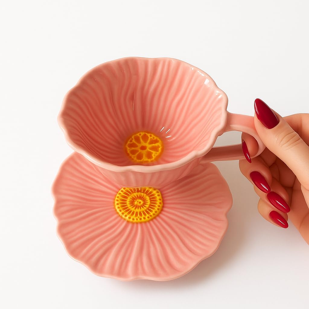 Pink Flower Mug – Ceramic Coffee Mug/Cup and Saucer Set, Pink Floral Design, 300mL/10oz, irregular Shape, Mircowave Safe, Afternoon Tea/Coffee Service