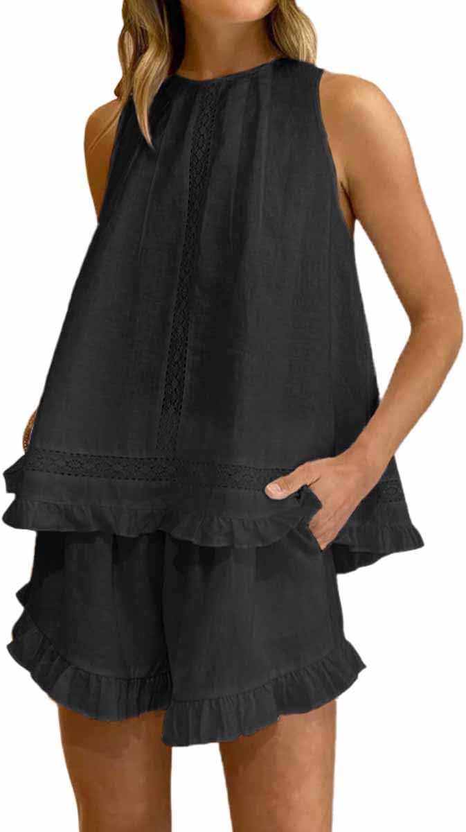 Womens Ruffle Short Set 2 Piece Outfits Fashion Summer Sleeveless Lace Trim Top and Shorts Cotton Pajama Sets