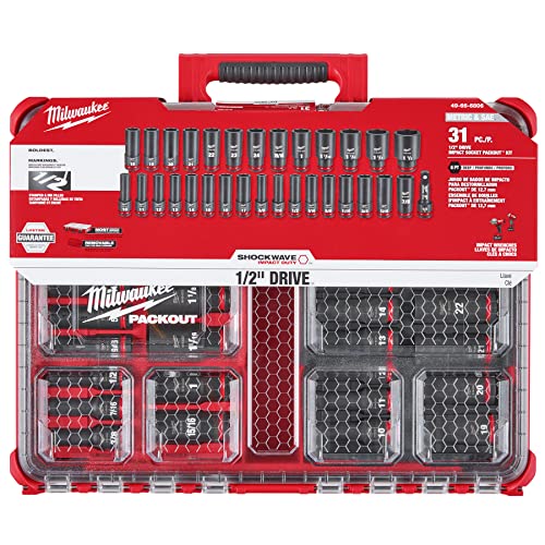 Milwaukee 49-66-6806 Shockwave Impact-Duty 1/2 In. Drive Metric And Sae Deep Well Impact Packout Socket Set (31-Piece) #TOP1