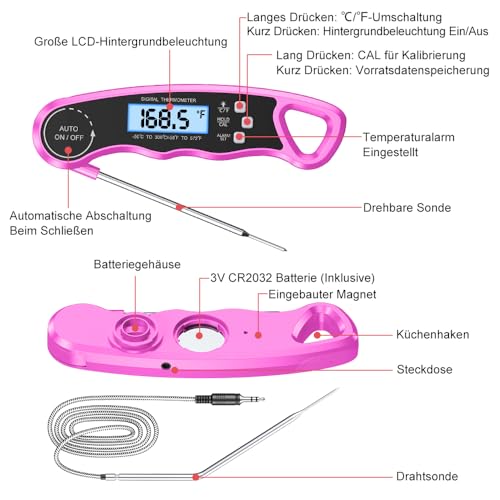 CIRYCASE Fleischthermometer Digital, Sofort Lesen Bratenthermometer Ofenthermometer, Externe Lange Sonde mit 102cm-Edelstahlkabel, Zeigerthermometer, Backofenthermometer für Küche, BBQ, Ofen,Sound Bar