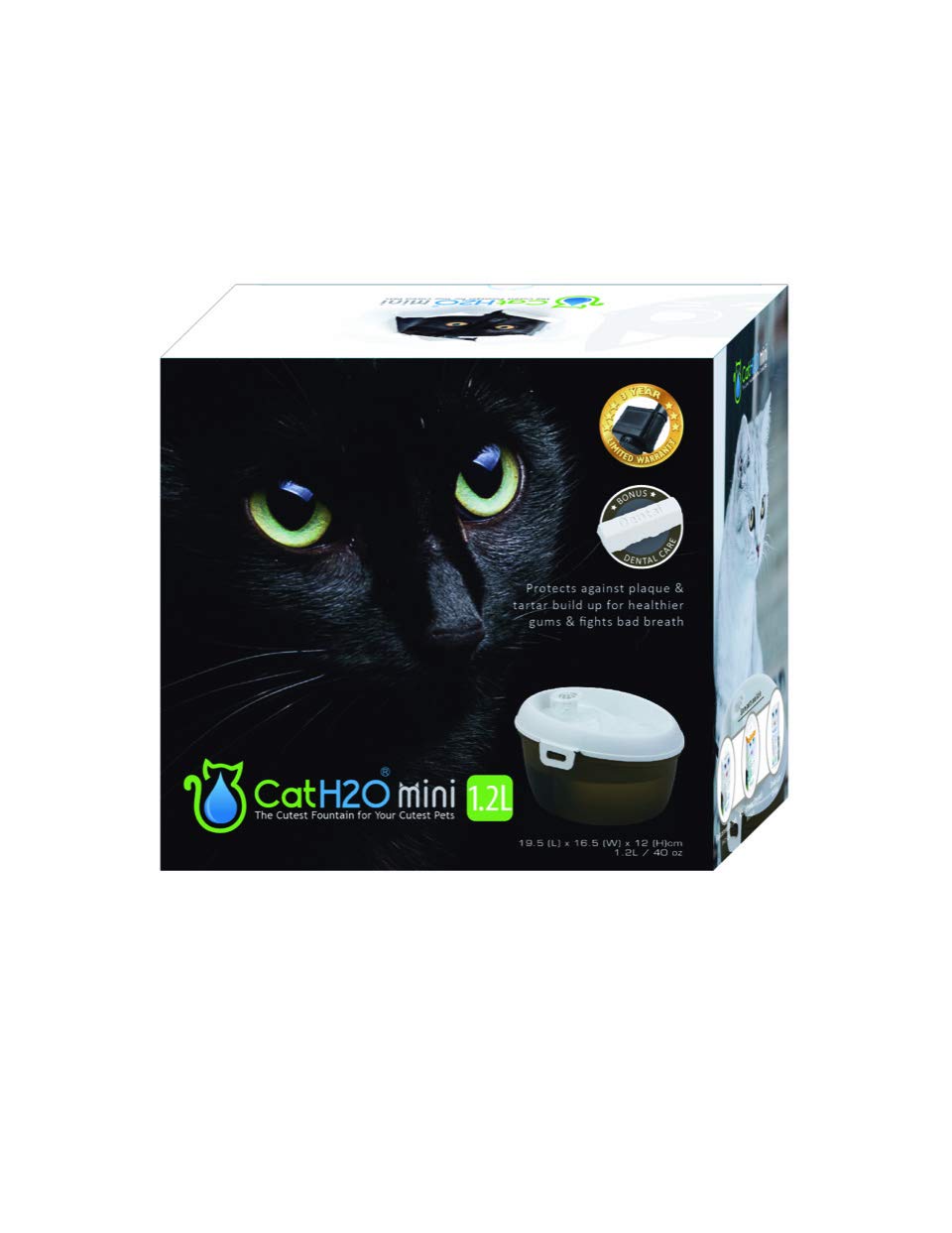 Mini Pet Fountain, 40 Ounce Capacity, with Filter and Dental Care Tablet, White top with Translucent Black Bottom