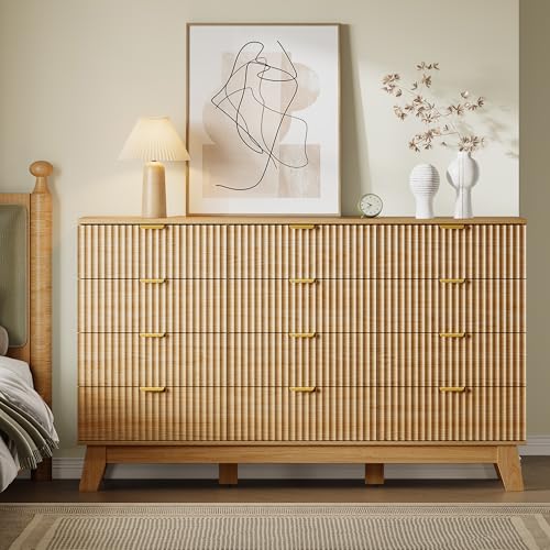 Image of BORNOON 57 inch Wide Dresser for Bedroom, 12-Drawer Fluted Dresser with Metal Handles, Wood Chest of Drawers with Smooth Slides and Stable Base, Modern Storage Cabinet for Living Room, Nursery