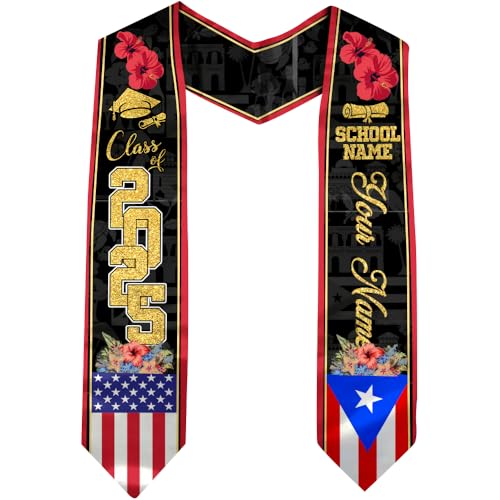 Personalized Puerto Rican Graduation Stole, Puerto Rican Graduation Sash 2025, Graduation Stole Class of 2025 Puerto Rico, Puerto Rico American Flag Graduation Sash, Puerto Rico Graduation Sash /5