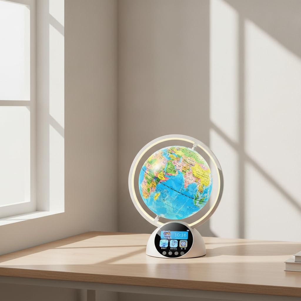 er Globe für Kinder, Lernspielzeug mit Touchscreen, Nachtlicht & Weckerfunktion, Blauer Kinderglobus