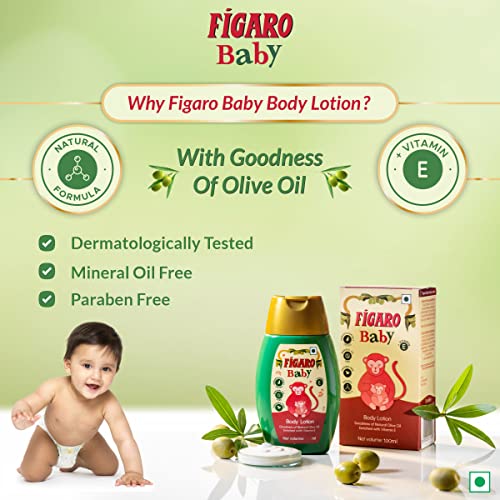 Image of Figaro Baby Lotion | 100 ml | Natural Olive Oil | Enriched with Vitamin E | Moisturizer with Natural Formula | Paraben Free | Dermatologically Tested | Quick Absorption