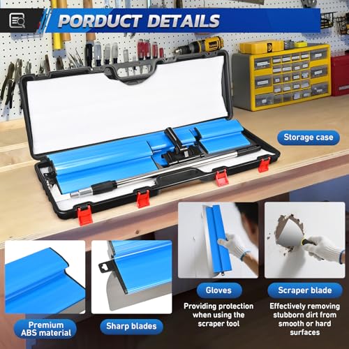 Flächenspachtel Set,Inkl. 5 x Flächenschaber (190 mm Halbmond, 250 mm, 400 mm, 600 mm, 800 mm) mit Ersatzklingen – 2 x Handschaber – Aluminium-Teleskopstange Surface Spatula Set (Blau)
