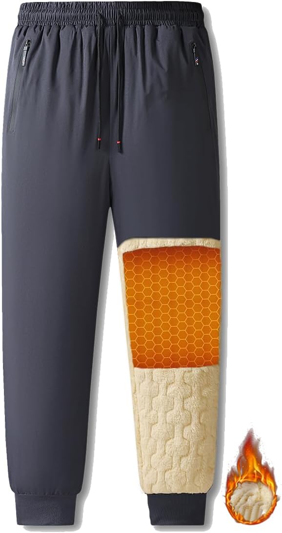 Mens Warm Sherpa Lined Sweatpants Thick Winter Pants with Zipper Pockets Windproof Pants for Outdoor