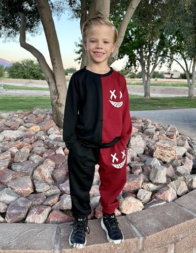 Image of Arshiner Boys Cartoon Face Print Two Tone Crewneck Sweatshirt and Pants Set Tracksuits Outfits Size (2T - 7-8)