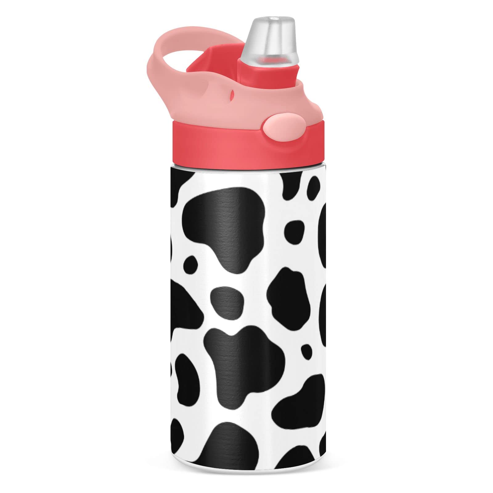 Kigai Black & White Cow Print Kids Water Bottle with Straw Lid, Vacuum Insulated Stainless Steel Double Walled Leakproof Tumbler Travel Cup for Girls