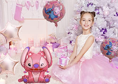 5 Pcs Stitch Party Balloons Set, Stitch Birthday Party Decorations, Stitch Cartoon Foil Balloons For Kids Girls Birthday And Baby Shower Parties, Cute Design Pink Stitch Party Supplies #TOP1