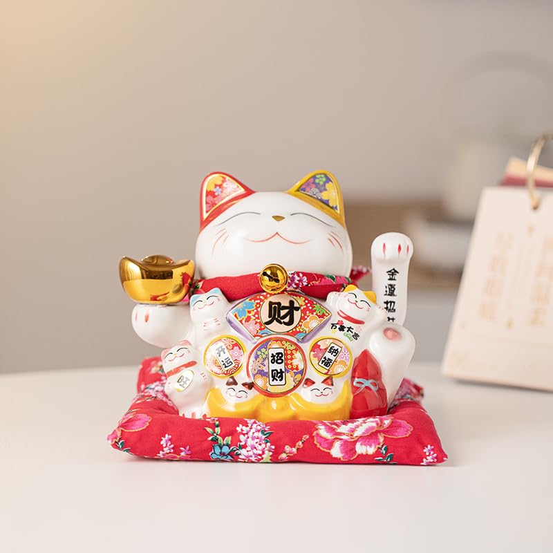Maneki Neko de Cerámico, Porcelana Gato de la Suerte Afortunado Gato Agitando el Brazo bendición, Estatuilla para la Decoración de la Oficina Hogar y Tienda 2 Tamaños Opcionales,2,S