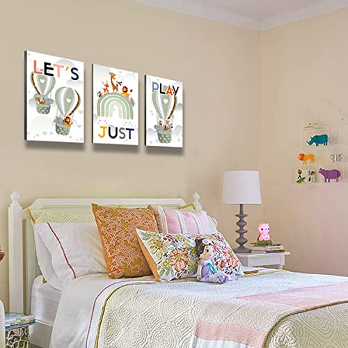 Framed 3Pces Kids Room Canvas Wall Art Decor Cute Color Animals Playroom Nursery Green Rainbow Hot Ball Poster Lion Giraffe Prints Picture Painting For Boys Girls Baby Bedroom Bathroom Gifts #TOP2