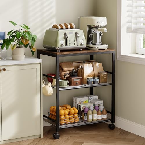 Tujurich Kitchen Rolling Cart, Microwave Stand with Lockable Wheels, 3-Tier