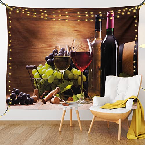 Ambesonne Wine Tapestry King Size, Glasses Of Red And White Drink Served Grapes French Gourmet Tasting, Wall Hanging Bedspread Bed Cover Wall Decor, 104" X 88", Brown Ruby Pale Green #TOP4