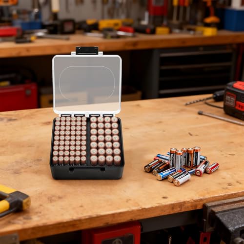 FULLCASE Batteriebox Batterie Aufbewahrungs Organizer für AA AAA Batterien, Batterien aufbewahrung, Batteri Aufbewahrungsbox, nur Box (Schwarz, 28 AA 54 AAA)