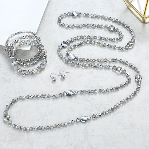 Xalroco Trendy Infinity Wrap 60’’ Long Statement Necklace, Earrings and Bracelet Set - Hand Knotted Versatile Crystal and Shell Beads Strand Necklace and Chunky Beaded Stretch Bracelet Stack – Jewelry Set Gift for Women(Sparkly and Crystal Silver) by Xalroco - Used condition - Image 3