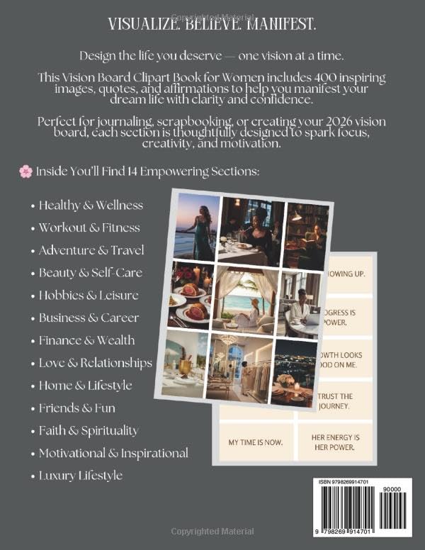 2026 Vision Board Clipart Book for Women: 400+ Elements Aesthetic Images, Quotes & Affirmations for Manifestation, Self-Care, and Goal Setting | ... Scrapbooking & Dream Life Planning image 3