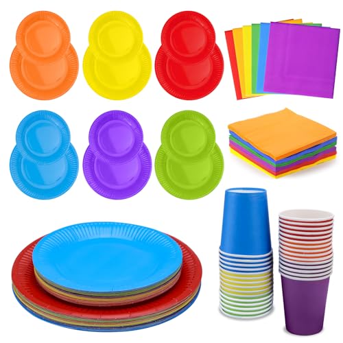 FAELNK Juego de Vajilla Colorida para Fiestas 120 Platos de Papel Platos Redondos Vasos y Servilletas de Papel (6 colores) para Cumpleaños Fiestas Celebraciones o Barbacoas Pintura DIY
