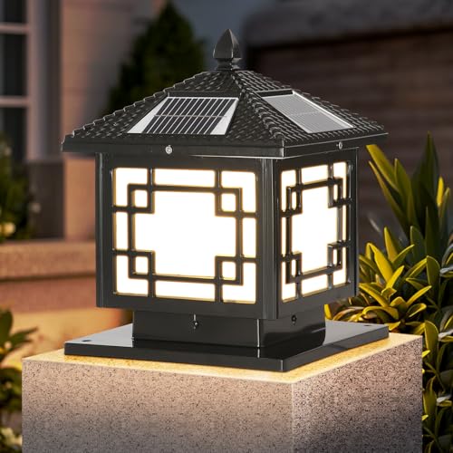 SLAWA 9.8In Solar Lighting Lantern Outdoor Post Caps Light with Solar Powered LED Column Lamp Black...