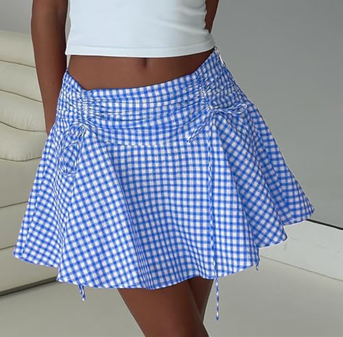 Women Checkered Flowy Mini Skirt Plaid Shirred Waist Bow Tie Side Gingham Ruffle Goth Pleated Y2k Short Skirt2