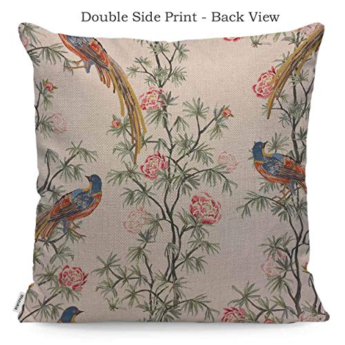 Wozukia Birds Throw Pillow Cover Case Beautiful Exotic Chinoiserie Vintage Rose Trees Palms Flowers Birds Floral Border Pink Cotton Linen Pillow Cases For Decorative Livingroom Sofa Farmhouse 18X18 In #TOP4