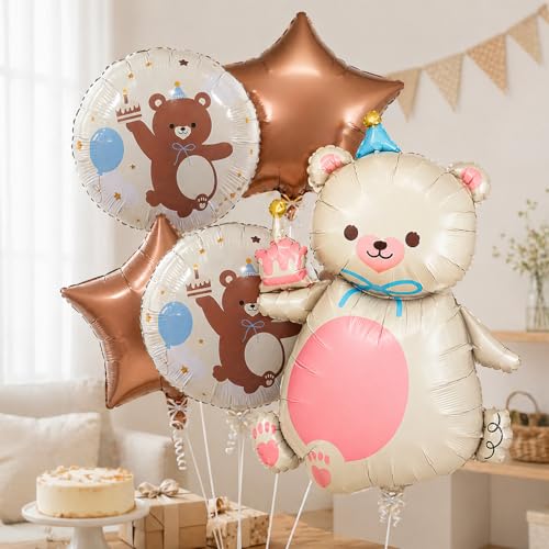 Image of Rozi Decoration Teddy Bear Foil Balloon Set with Star & Round Printed Balloons, 5 Pcs Birthday Decoration Kit for Kids Party, Baby Shower & First Birthday Celebration